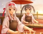  armor black_hair brown_eyes eijima_moko hair_ribbon hairband instrument japanese_clothes kantai_collection koto_(instrument) long_hair multiple_girls muneate music open_mouth playing_instrument ribbon shoukaku_(kantai_collection) sitting smile sunset twintails umbrella white_hair yellow_eyes zuikaku_(kantai_collection) 