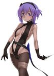  backless_outfit bandaged_leg bandages bangs bare_shoulders belt black_gloves black_hairband black_legwear black_leotard blush breasts center_opening cleavage commentary_request covered_nipples dark_skin elbow_gloves fate/grand_order fate/prototype fate/prototype:_fragments_of_blue_and_silver fate_(series) floral_print from_side gloves gradient groin hair_between_eyes hairband halterneck hassan_of_serenity_(fate) highleg highleg_leotard highres hips holding holding_weapon kazuma_muramasa kunai leotard looking_at_viewer loose_belt lowleg lowleg_pantyhose medium_breasts navel pantyhose parted_lips purple_eyes purple_hair revealing_clothes short_hair sideboob sidelocks simple_background skindentation solo standing turtleneck weapon white_background 