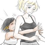  black_hair black_shirt blonde_hair blue_eyes breasts casual child closed_eyes collarbone collision dark_skin dress hair_tubes happy high_ponytail hug hug_from_behind mercy_(overwatch) multiple_girls one_eye_closed open_mouth overwatch pharah_(overwatch) shirt short_hair simple_background sketch small_breasts smile tank_top tuskine_kinase white_background white_dress younger yuri 
