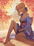  ahoge artoria_pendragon_(all) autumn_leaves bare_legs bare_shoulders barefoot bianyuanqishi blue_ribbon breasts cleavage closed_mouth collarbone evening fate/stay_night fate_(series) floral_print green_eyes hair_ribbon head_tilt japanese_clothes kimono long_sleeves looking_at_viewer medium_breasts off_shoulder onsen open_clothes open_kimono outdoors ribbon rock saber sash signature smile solo sunlight water wide_sleeves yukata 