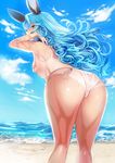  absurdres adjusting_clothes animal_ears ass beach bikini blue_hair blue_sky blush breasts cloud covered_mouth crotch_seam day dripping embarrassed erune eyebrows eyebrows_visible_through_hair ferry_(granblue_fantasy) granblue_fantasy hand_on_own_shoulder highres leaning_forward lens_flare long_hair looking_back micro_bikini ocean one-piece_tan outdoors profile see-through side-tie_bikini sideboob skindentation sky small_breasts solo standing string_bikini summer swimsuit tahnya tan tanline water wavy_hair wet wet_hair white_bikini yellow_eyes 