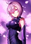  absurdres ahoge armor bare_shoulders bodysuit breasts fate/grand_order fate_(series) hair_over_one_eye highres large_breasts lips looking_at_viewer mash_kyrielight nekosama_shugyouchuu purple_bodysuit purple_eyes purple_hair short_hair solo 