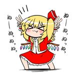  &gt;_&lt; :3 arms_up bad_id bad_pixiv_id blonde_hair blush chibi closed_eyes collared_shirt commentary_request crystal double_v fang flandre_scarlet full_body hair_ribbon katsumi5o no_hat no_headwear open_clothes open_shirt pose red_ribbon red_shirt red_skirt ribbon shirt short_sleeves side_ponytail skirt skirt_set solo touhou v white_shirt wings wrist_cuffs x3 