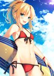  :d ass_visible_through_thighs bikini blonde_hair blue_sky blush bracelet braid breasts cloud cloudy_sky collarbone commentary_request cowboy_shot day diffraction_spikes fate/apocrypha fate/grand_order fate_(series) front-tie_bikini front-tie_top green_eyes groin hair_ornament hair_scrunchie highres jewelry lens_flare long_hair looking_at_viewer midriff mordred_(fate)_(all) mordred_(swimsuit_rider)_(fate) navel open_mouth outdoors ponytail prydwen red_bikini red_scrunchie scrunchie side-tie_bikini sky small_breasts smile solo sparkle standing surfboard swimsuit teeth toosaka_asagi underboob 
