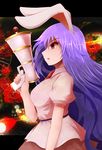  :o animal_ears arano_oki breasts bunny_ears collared_shirt finger_on_trigger flower highres large_breasts long_hair lunatic_gun necktie profile puffy_short_sleeves puffy_sleeves purple_hair red_eyes reisen_udongein_inaba rose shirt short_sleeves skirt solo touhou very_long_hair 