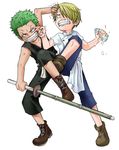  anger_vein ankle_boots black_shirt blonde_hair blue_pants blush boots brown_footwear clenched_hand clenched_teeth fighting green_hair hair_over_one_eye holding holding_sword holding_weapon kumahoyoyo leg_up male_focus multiple_boys one_piece pants parted_lips roronoa_zoro sanji shirt short_sleeves simple_background sleeveless standing standing_on_one_leg sword tank_top teeth weapon white_background white_shirt wooden_sword younger 
