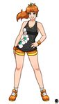  artist_name blue_eyes brown_hair crown earrings full_body grin hand_on_hip highres jewelry legs_apart long_hair looking_at_viewer mario_(series) ponytail princess_daisy revtilian short_shorts shorts simple_background smile solo standing super_mario_bros. tank_top white_background wristband 