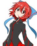  black_shirt blue_bow blush bow hair_bow head_tilt katsumi5o long_sleeves looking_at_viewer lowres parted_lips red_eyes red_hair red_skirt sekibanki shirt short_hair skirt solo touhou upper_body 