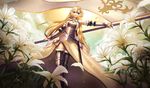  armor banner black_legwear blonde_hair blue_eyes elbow_gloves fate/apocrypha fate/grand_order fate_(series) flower gauntlets gloves greaves helmet jeanne_d'arc_(fate) jeanne_d'arc_(fate)_(all) lily_(flower) long_hair mallizmora sheath sheathed solo sword thighhighs very_long_hair weapon 