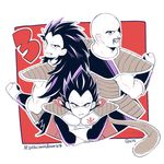  armor back-to-back bald cape clenched_hand crossed_arms dragon_ball dragon_ball_z facial_hair gloves grin hashtag long_hair looking_back male_focus monkey_tail multiple_boys muscle mustache nappa raditz rochiko_(bgl6751010) shoulder_armor smile spiked_hair tail vegeta 