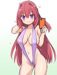  bikini blush breasts cellphone contrapposto cowboy_shot fang_out gradient gradient_background hair_intakes heart large_breasts long_hair navel phone purple_bikini purple_eyes red_hair simple_background slingshot_swimsuit smartphone smile solo standing starmine_(manga) stroma swimsuit 
