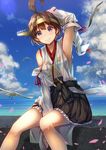  ahoge alternate_hair_length alternate_hairstyle bare_shoulders between_legs bird blue_sky boots brown_hair cherry_blossoms cloud day detached_sleeves hairband hand_between_legs highres japanese_clothes kantai_collection kongou_(kantai_collection) konkito no_legwear nontraditional_miko ocean petals purple_eyes ribbon_trim sarashi seagull short_hair sitting skirt sky solo water 