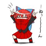  =_= \n/ arms_up bad_id bad_pixiv_id black_shirt blue_bow blush bow cape chibi closed_eyes commentary_request covered_mouth double_\n/ full_body hair_bow high_collar katsumi5o long_sleeves red_hair red_skirt sekibanki shirt short_hair skirt solo touhou 