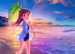  bad_anatomy beach blue_eyes blush brown_hair carrying city cloud commentary_request highres hood hood_down hoodie leaf long_hair looking_at_viewer new_school_swimsuit ocean one-piece_swimsuit open_clothes open_hoodie open_mouth original outdoors sand scenery school_swimsuit sky smile solo sunlight sunset swimsuit takoyaki_(roast) water 