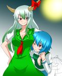  ;( arm_garter bad_id bad_pixiv_id blue_hair blue_vest blush breast_smother breasts cleavage collarbone commentary_request cowboy_shot dress ex-keine full_moon green_dress green_hair heterochromia horn_ribbon horns juliet_sleeves kamishirasawa_keine karakasa_obake katsumi5o large_breasts long_hair long_sleeves looking_at_another moon multicolored_hair multiple_girls neckerchief puffy_sleeves red_eyes ribbon short_hair short_sleeves sidelocks smile sweat tatara_kogasa touhou two-tone_hair umbrella vest white_hair 