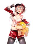  :o adjusting_clothes adjusting_hat baseball_cap belt black_legwear blue_eyes blush breast_press breast_rest breasts breasts_on_head carrying_under_arm colored_eyelashes crop_top female_protagonist_(pokemon_go) fingerless_gloves gen_1_pokemon gloves hat jacket leggings legwear_under_shorts long_hair medium_breasts midriff nakatokung navel nipples no_bra off_shoulder pokemon pokemon_(creature) pokemon_go ponytail psyduck red_jacket red_shorts shade shorts signature simple_background sleeves_rolled_up stomach sweat tank_top wet wet_clothes white_background 