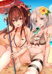  all_fours arm_support armlet beach bikini blue_eyes blush breasts brown_bikini brown_eyes brown_hair cherry_blossoms cleavage collarbone commentary_request day eyes_visible_through_hair flower front-tie_bikini front-tie_top hair_flower hair_ornament hair_over_one_eye hairclip hamakaze_(kantai_collection) headgear hibiscus highres kantai_collection large_breasts long_hair looking_at_viewer monoto multiple_girls navel open_mouth oriental_umbrella ponytail red_umbrella short_hair side-tie_bikini silver_hair sitting smile swimsuit thigh_strap umbrella untied very_long_hair wet white_bikini yamato_(kantai_collection) 