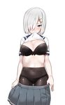  bad_id bad_twitter_id black_bra black_legwear black_panties blue_eyes blush bra breasts cleavage covered_navel cowboy_shot crotch_seam hair_ornament hair_over_one_eye hairclip hamakaze_(kantai_collection) heart heart-shaped_pupils highres kantai_collection large_breasts lifted_by_self looking_at_viewer mitsudoue mouth_hold navel panties panties_under_pantyhose pantyhose school_uniform see-through serafuku shirt short_hair silver_hair simple_background skirt solo standing stomach symbol-shaped_pupils underwear undressing white_background white_shirt 