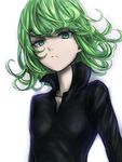  black_dress breasts collared_dress curly_hair dress frown green_eyes green_hair inaba-no-kuni-tottori neck one-punch_man short_hair simple_background small_breasts solo tatsumaki white_background 