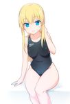  arm_support blonde_hair blue_eyes breasts competition_swimsuit covered_navel fitness_(manga) looking_at_viewer low_ponytail medium_breasts one-piece_swimsuit simple_background sitting smile solo stroma swimsuit 