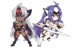  android ass_visible_through_thighs blue_eyes blue_hair breast_press breasts chibi cleavage dark_skin garter_straps grey_hair grin hand_on_hip hijiri kos-mos long_hair medium_breasts multiple_girls pale_skin red_eyes running serious simple_background smile sword t-elos thigh_strap thighhighs tsurime very_long_hair weapon white_background xenosaga 