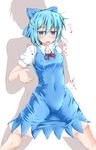  1girl blue_eyes blue_hair blush bow cirno covered_navel cowboy_shot empty_eyes hair_bow heavy_breathing highres implied_sex kirino_souya open_mouth silhouette touhou trembling 