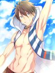 akuno_hideo alternate_costume arm_up armpits blue_eyes blush brown_hair cloud cowboy_shot day grin headset hood hoodie idolmaster idolmaster_side-m jewelry looking_at_viewer male_focus muscle navel necklace nesuop_(sm_nesuop) open_clothes sharp_teeth sky sleeveless sleeveless_hoodie smile solo teeth 
