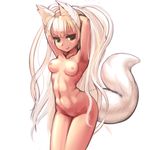  animal_ears armpits arms_behind_head arms_up breasts fox_ears fox_tail highres long_hair looking_at_viewer nipples nude pose seductive_smile simple_background small_breasts smile solo tail very_long_hair white_background white_hair you_naka 