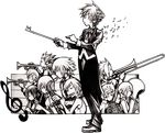  6+boys alternate_costume aqua_(kingdom_hearts) axel_(kingdom_hearts) beamed_eighth_notes clarinet conductor eighth_note formal greyscale instrument kairi_(kingdom_hearts) kingdom_hearts monochrome multiple_boys multiple_girls music musical_note namine nomura_tetsuya official_art playing_instrument riku roxas saxophone sora_(kingdom_hearts) spiked_hair square_enix terra_(kingdom_hearts) transparent_background treble_clef trumpet ventus xion_(kingdom_hearts) 