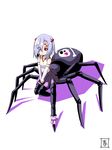  arachne carapace detached_sleeves extra_eyes eyes_visible_through_hair full_body highres insect_girl lavender_hair leg_garter lolinera monster_girl monster_musume_no_iru_nichijou multiple_legs pink_eyes rachnera_arachnera s-now shadow signature simple_background solo spider_girl white_background younger 