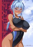  absurdres blue_hair blush breast_hold breasts clenched_teeth competition_swimsuit covered_nipples crossed_arms dark_skin highres large_breasts long_hair nakamura_yukitoshi one-piece_swimsuit original purple_eyes solo standing swimsuit teeth 