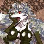 abstract_background anthro big_breasts breasts camo canine clothed clothing concon-collector digital_camo female fox fur gas_mask hagano looking_at_viewer mammal mask official_art red_eyes semoventoh skimpy solo white_fur 