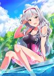 bad_id bad_twitter_id blush breasts diffraction_spikes garana hairband idolmaster idolmaster_(classic) large_breasts lens_flare light_rays long_hair one-piece_swimsuit pool purple_eyes shijou_takane silver_hair soaking_feet solo sparkle swimsuit 
