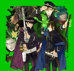  6+boys border cosplay dagda danu dark_skin devil_summoner fedora flynn_(smt4) ghost gouto green_border green_eyes grey_eyes hair_down hand_on_hip hat highres krishna_(shin_megami_tensei_iv_final) kuzunoha_raidou kuzunoha_raidou_(cosplay) long_hair multiple_boys nanashi_(shin_megami_tensei_iv_final) navarre peaked_cap purple_eyes shin_megami_tensei shin_megami_tensei_iv shin_megami_tensei_iv_final sword uniform weapon white-light 