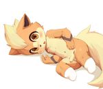  4_fingers anthro anthrofied balls blush canine clothing cub erection fluffy fluffy_tail front_view growlithe legwear looking_at_viewer lying male mammal moki mostly_nude navel nintendo on_side open_mouth partially_retracted_foreskin penis pok&eacute;mon socks uncut video_games young 