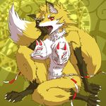  anthro big_breasts breasts canine clothed clothing concon-collector female fox fur hagano looking_at_viewer mammal mask official_art red_eyes semoventoh skimpy solo white_fur yellow_fur yellow_theme 