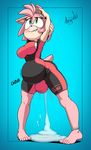  2016 absurd_res amy_rose anklet anthro argento black_nose blue_background blush breasts bulge clothed clothing cum cum_inflation dickgirl green_eyes hair hedgehog hi_res hindpaw inflation intersex jewelry looking_up mammal paws pink_hair short_hair simple_background solo sonic_(series) standing teeth thick_thighs tight_clothing zipper 