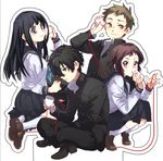  2girls black_hair brown_eyes brown_hair chitanda_eru cutout fukube_satoshi gakuran green_eyes hyouka ibara_mayaka indian_style long_hair multiple_boys multiple_girls oreki_houtarou purple_eyes red_eyes red_string school_uniform serafuku short_hair sitting squatting string string_phone takumi_(scya) 