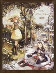  animal_ears antlers apron aqua_eyes bird boots braid brown_eyes brown_hair chibi_(shimon) cover cross-laced_footwear flower forest fur_trim green_hair highres inkwell long_hair meadow mittens monocle multiple_girls nature original short_hair sitting snow standing summer twin_braids wind winter 