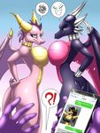  2016 ?! amber_steel anthro anthrofied big_breasts bracelet breast_squish breasts breasts_frottage cellphone collar comparing comparing_breasts cynder dragon duo_focus ember_(spyro) equine female gold_(metal) group hi_res horn jewelry male mammal metalfoxxx nude phone spyro spyro_the_dragon video_games wings 