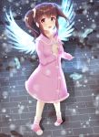  1girl absurdres angel_wings ankle_boots arm_up blush boots breasts brick_floor brown_eyes brown_hair coat commentary_request footprints foreshortening from_above full_body fur-trimmed_coat fur_trim hair_ornament hair_scrunchie hand_on_own_chest highres idolmaster idolmaster_cinderella_girls looking_at_viewer looking_up night ogata_chieri open_mouth outdoors pink_coat pink_footwear scrunchie shadow shiny shiny_hair sidelocks small_breasts snowing solo standing twintails white_scrunchie wings zenrei_(user_xkzm2774) 