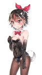  black_hair bow bowtie bunny_girl bunny_tail bunnysuit detached_collar elbow_gloves gloves horns kijin_seija multicolored_hair pantyhose re-ka red_eyes short_hair slit_pupils solo standing streaked_hair tail touhou 