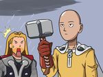  armor artist_request bald beard blonde_hair cape cloud crossover dress expressionless facial_hair hammer holding jaw_drop long_hair male_focus marvel mjolnir multiple_boys one-punch_man open_mouth outdoors rain saitama_(one-punch_man) superhero surprised thor_(marvel) 