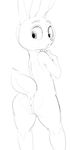  anthro black_and_white butt disney dotkwa female judy_hopps lagomorph looking_at_viewer looking_back mammal monochrome nude pussy rabbit rear_view simple_background sketch solo standing zootopia 