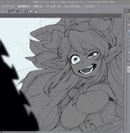  :d adobe_photoshop bangs breasts chainsaw clip_studio_paint crazy_eyes crazy_smile draph granblue_fantasy greyscale hallessena hat horns large_breasts long_hair monochrome norasame_(dagako) open_mouth pointy_ears sharp_teeth sketch smile solo strapless teeth tubetop underboob uneven_eyes 
