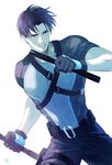  1boy belt black_hair blue_eyes dc_comics dick_grayson dual_wielding escrima_stick gloves holster male_focus short_sleeves simple_background solo thigh_strap weapon white_background 