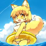  alternate_form anzgarbage blonde_hair canine cheesecake_fox chest_tuft clothing cloud concon-collector female fox fur hair inner_tube mammal sky solo swimsuit tuft water yellow_eyes yellow_fur young 