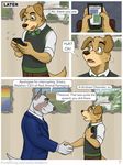  blue_eyes bow_tie brown_nose canine clothed clothing comic dog eyewear fully_clothed fur glasses grey_eyes handshake hi_res jackaloo male mammal necktie open_mouth pants suit sweater_vest tan_fur texting tongue tongue_out wide_eyed 