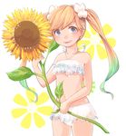  blonde_hair blue_eyes flower granblue_fantasy io_euclase long_hair looking_at_viewer navel open_mouth sayuco simple_background solo standing sunflower twintails underwear 