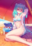  2016 alternate_eye_color anklet aqua_hair arm_behind_head arm_support arm_up armpits artist_name bangs barefoot beach beach_towel beach_umbrella bikini bikini_under_clothes blurry breasts can coca-cola cooler dated depth_of_field expressionless front-tie_bikini front-tie_top hatsune_miku highres ice jewelry long_hair long_sleeves looking_at_viewer lotion_bottle medium_breasts navel on_ground open_clothes open_shirt outdoors purple_eyes ringed_eyes shirt side-tie_bikini sitting soda_can solo striped striped_bikini sweat swimsuit towel twintails umbrella very_long_hair vocaloid white_shirt yimn-fletcher yokozuwari 